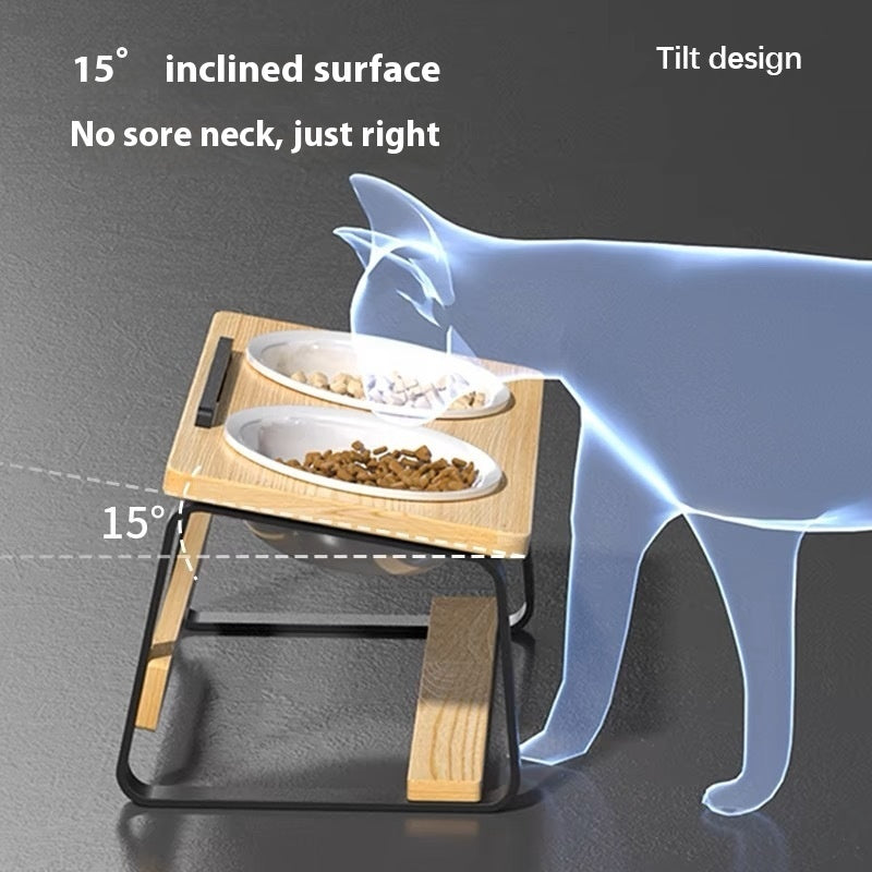Ceramic Double Pet Feeding Bowl Elevated Neck Protection Design
