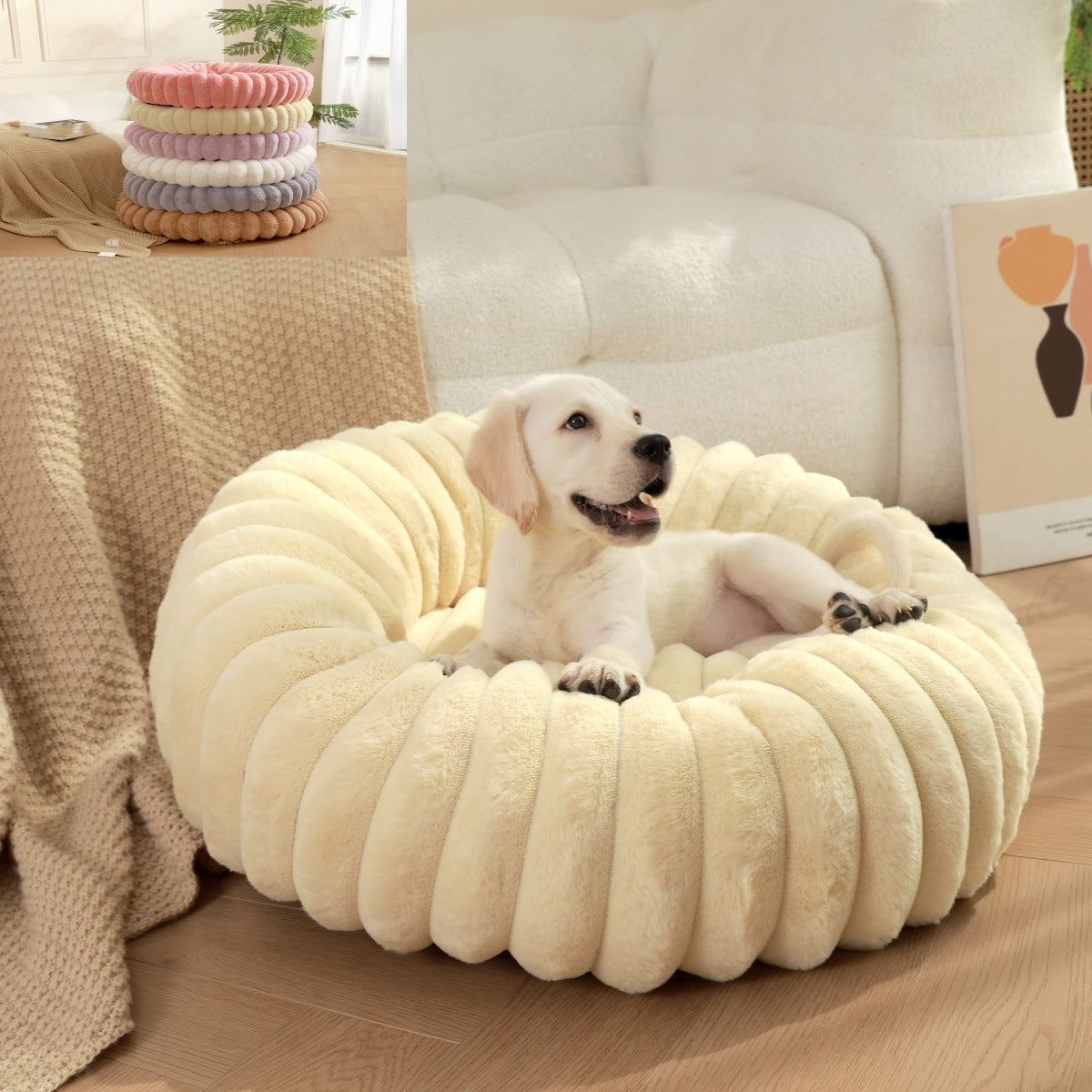 Plush Round Pet Bed Long Hair Warm Comfortable Winter Nest