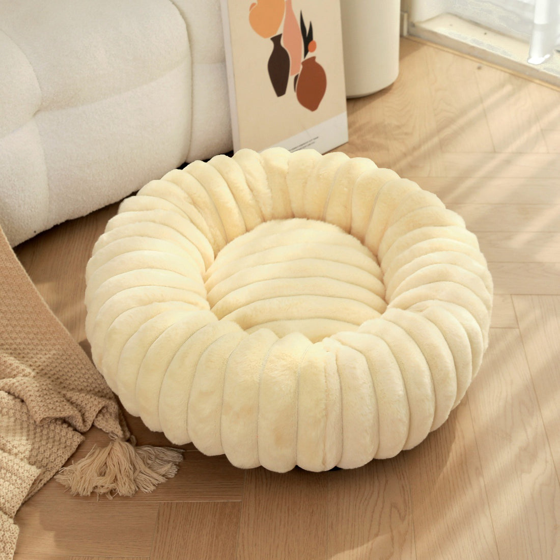 Plush Round Pet Bed Long Hair Warm Comfortable Winter Nest