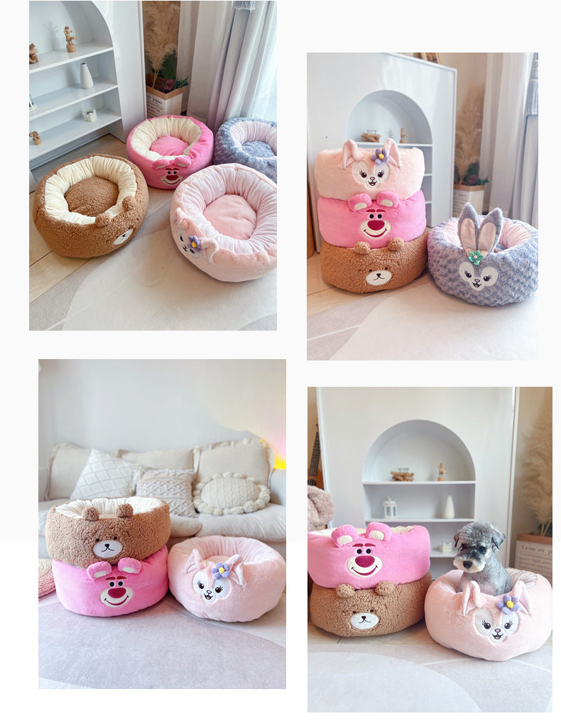 Cartoon Plush Pet Nest Cushion Round Soft Bed For All Seasons