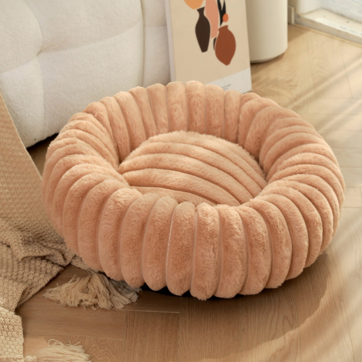 Plush Round Pet Bed Long Hair Warm Comfortable Winter Nest