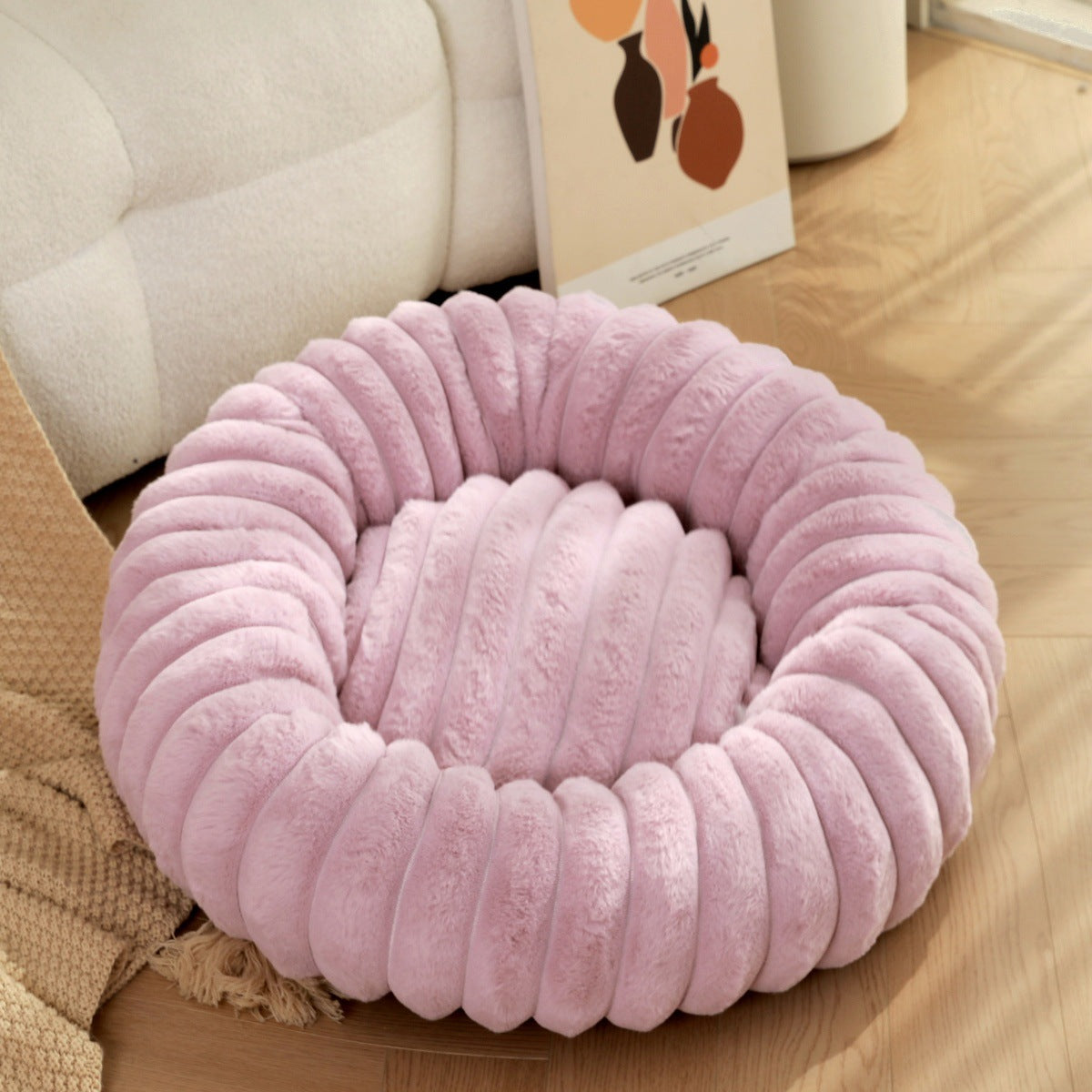 Plush Round Pet Bed Long Hair Warm Comfortable Winter Nest