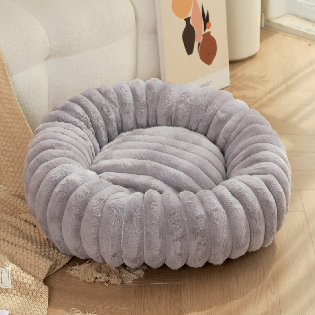 Plush Round Pet Bed Long Hair Warm Comfortable Winter Nest