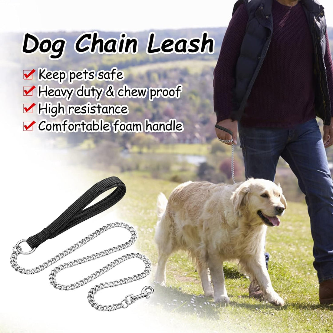 Heavy-Duty Metal Pet Leash Chew-Proof Chain With Padded Handle