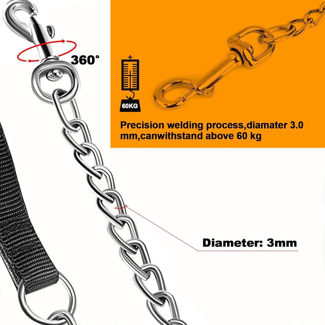 Heavy-Duty Metal Pet Leash Chew-Proof Chain With Padded Handle