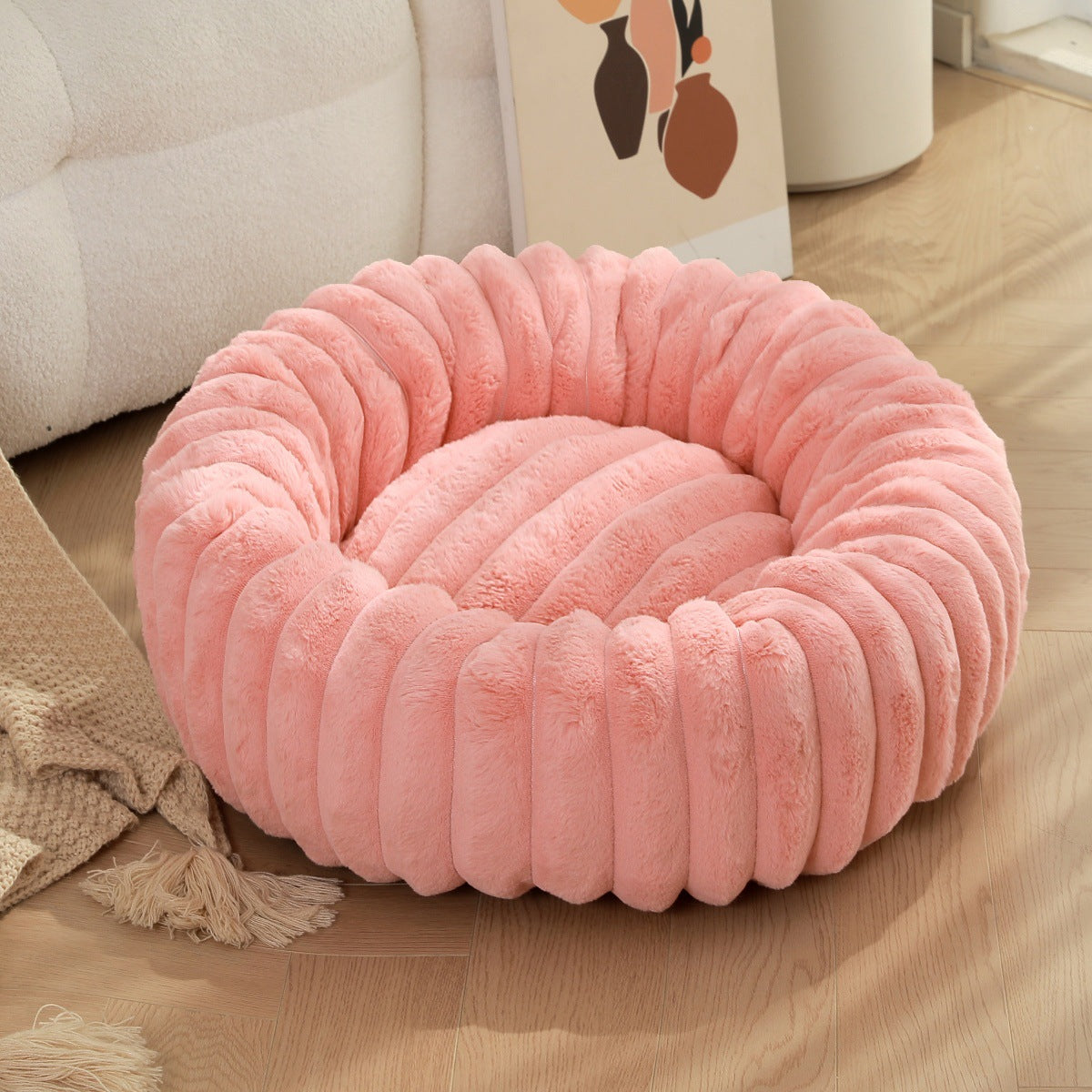 Plush Round Pet Bed Long Hair Warm Comfortable Winter Nest