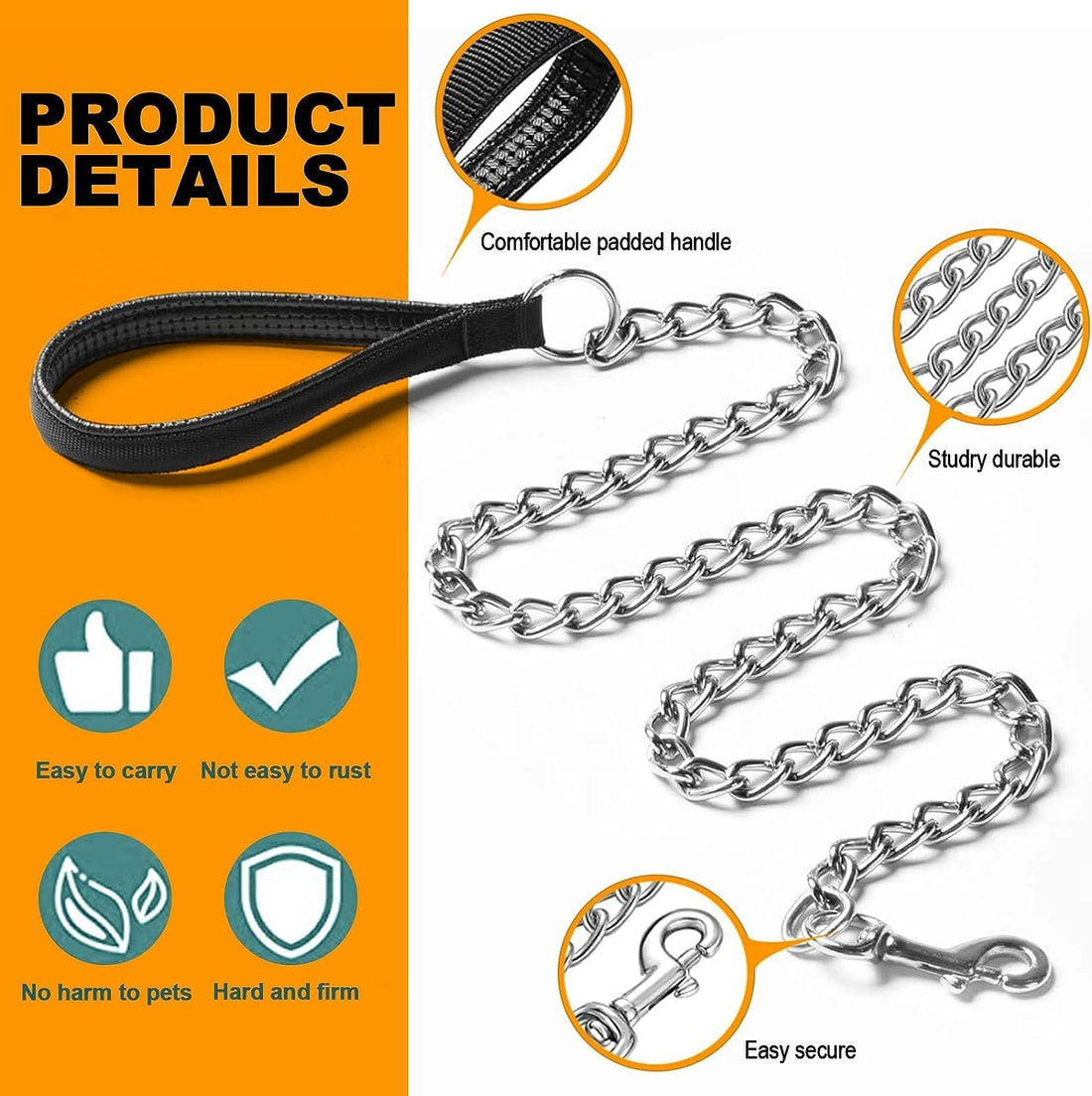 Heavy-Duty Metal Pet Leash Chew-Proof Chain With Padded Handle