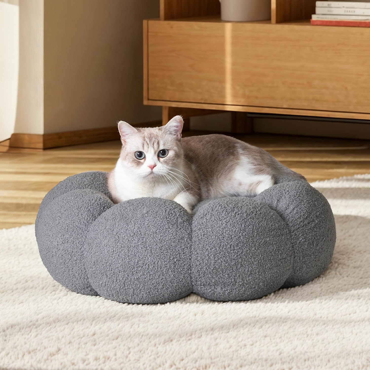 Fluffy Round Plush Donut Bed Soft Calming Indoor Pet Cushion