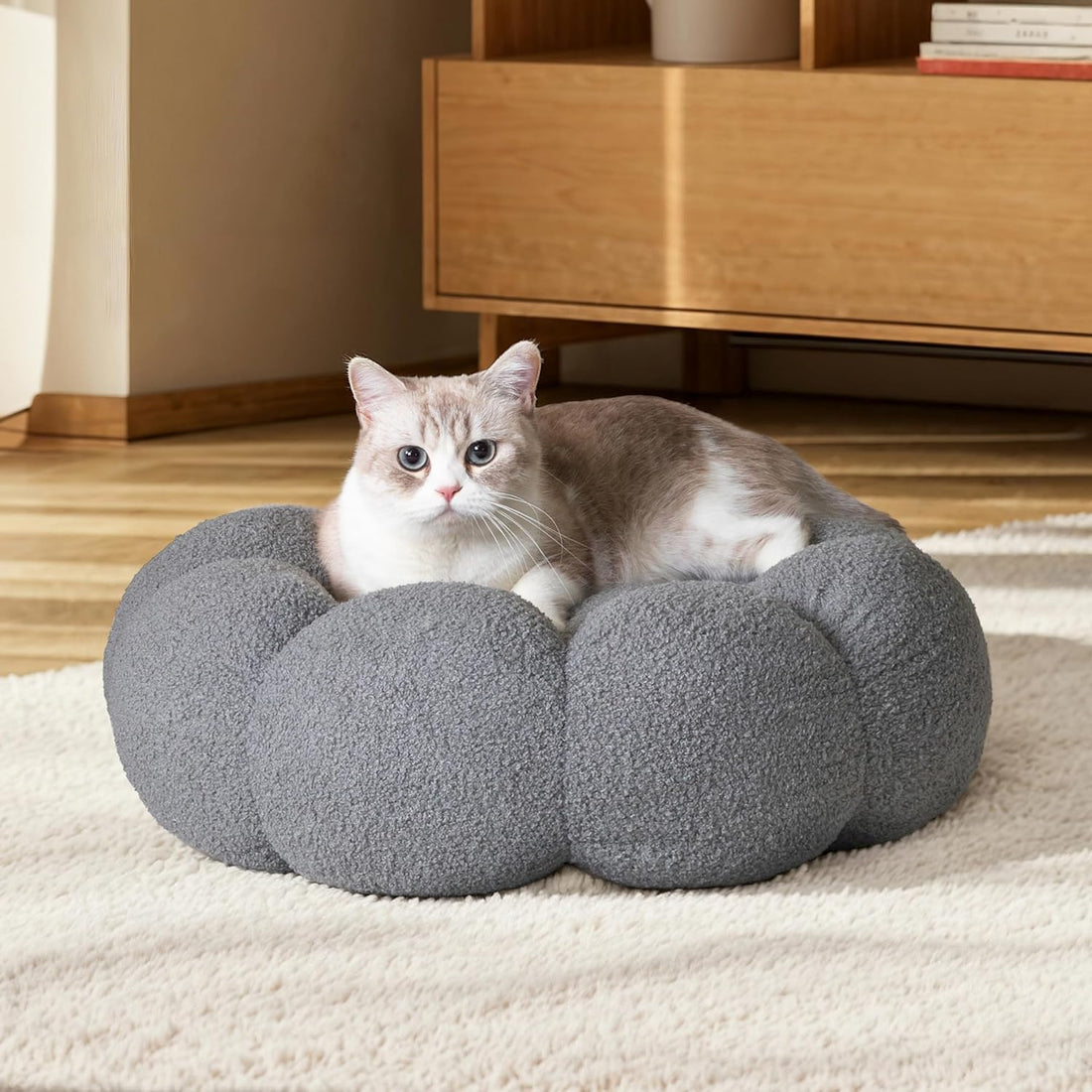 Fluffy Round Plush Donut Bed Soft Calming Indoor Pet Cushion